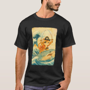 Vintage Cute Pirate Cat Riding Shark Funny Hallowe T-Shirt