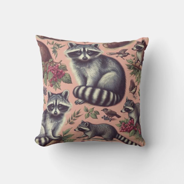 Vintage Cute Racoon Throw Pillow (Front)