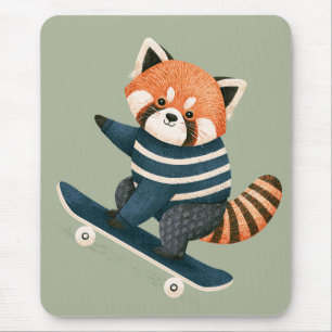 Vintage Cute Red Panda Racoon Skateboarding Mouse Pad