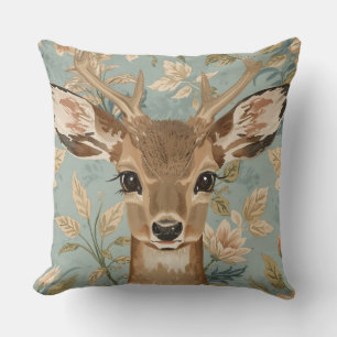 Vintage Cute Reindeer Deer And Florals Garden Throw Pillow