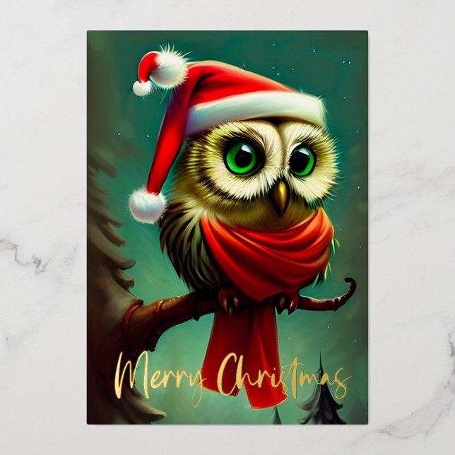 Vintage Cute Santa Owl Christmas Foil Holiday Card (Front)