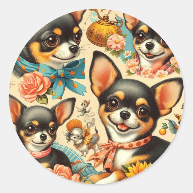 Vintage Cute Seamless Chihuahua  Classic Round Sticker (Front)