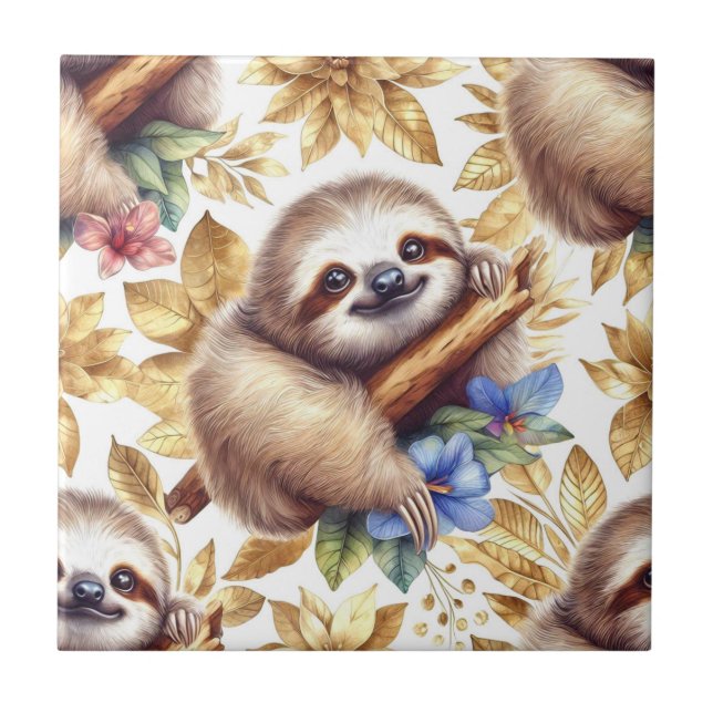 Vintage Cute Sloth Pattern Tile (Front)