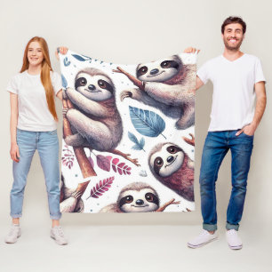 Vintage Cute Sloth Seamless Watercolor Fleece Blanket