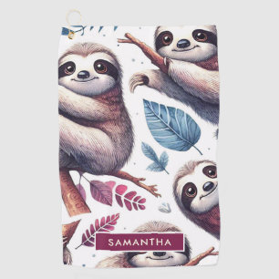Vintage Cute Sloth Seamless Watercolor Golf Towel