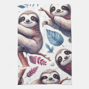 Vintage Cute Sloth Seamless Watercolor Kitchen Towel