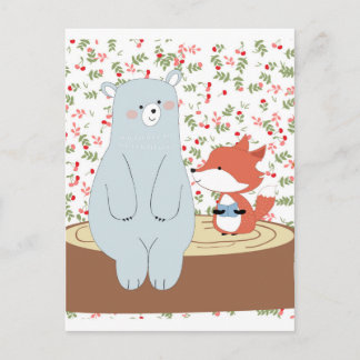 Vintage cute spring summer fox wolf and teddy bear postcard