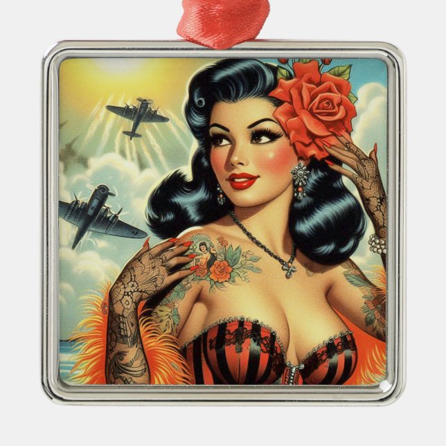 Vintage Cute Tattoo Girl Metal Ornament (Front)