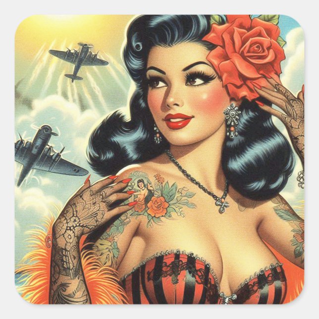 Vintage Cute Tattoo Girl Square Sticker (Front)