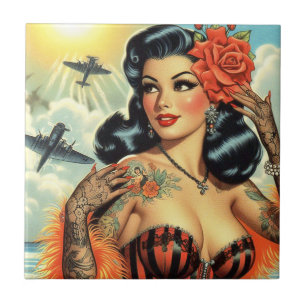 Vintage Cute Tattoo Girl Tile
