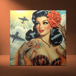 Vintage Cute Tattoo Girl Tile