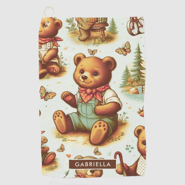 Vintage Cute Teddy Bear Pattern Golf Towel (Front)