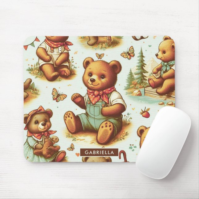 Vintage Cute Teddy Bear Pattern Mouse Pad (With Mouse)