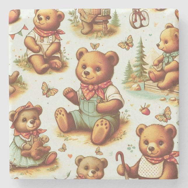 Vintage Cute Teddy Bear Pattern Stone Coaster (Front)