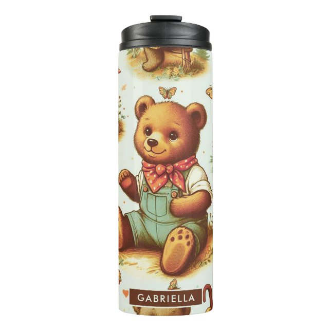Vintage Cute Teddy Bear Pattern Thermal Tumbler (Front)