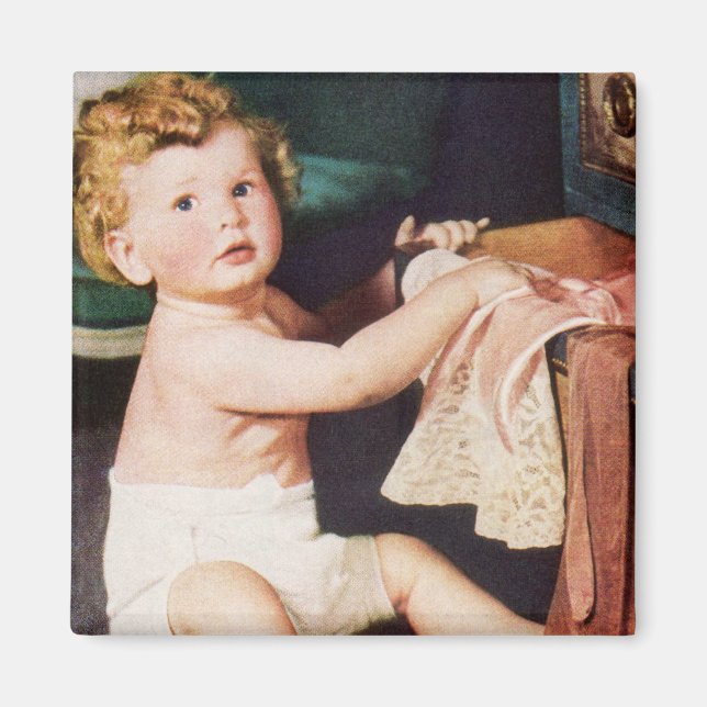 Vintage Cute Toddler Playing with Clothes Dresser Magnet (Front)