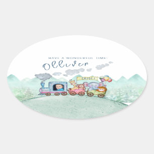 Vintage Cute Train Boy Birthday Watercolor photo Oval Sticker