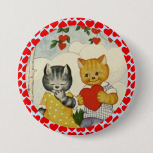 Vintage Cute Valentine Heart and Cat Couple 3 Inch Round Button