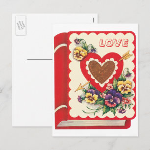 Vintage Cute Valentine Love Book Heart and Flowers Holiday Postcard