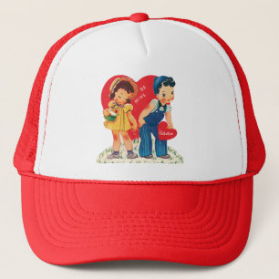 Vintage Cute Valentine's Day, Boy and Girl Hearts Trucker Hat