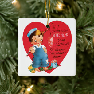 Vintage Cute Valentine's Day, Boy Fishing Hearts Ceramic Ornament