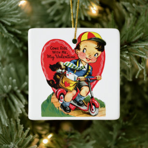 Vintage Cute Valentine's Day, Boy on a Scooter Ceramic Ornament
