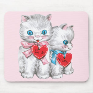 Vintage Cute Valentine's Day Cats, Fluffy Kittens Mouse Pad