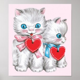 Vintage Cute Valentine's Day Cats, Retro Kitten Poster