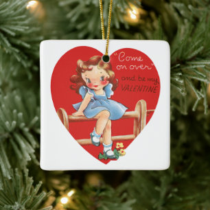 Vintage Cute Valentine's Day, Girl on a Fence Ceramic Ornament