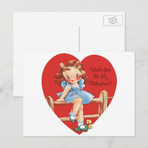 Vintage Cute Valentine's Day, Girl on a Fence Holiday Postcard