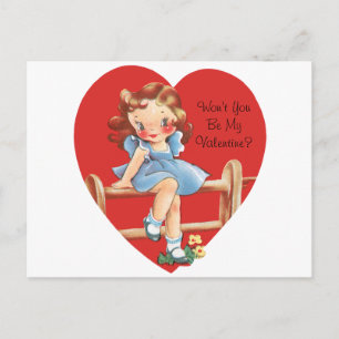 Vintage Cute Valentine's Day, Girl on a Fence Holiday Postcard