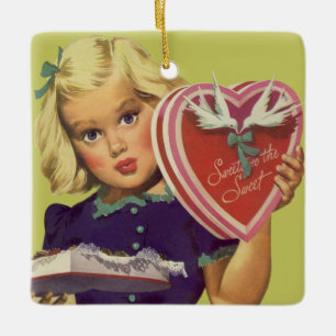 Vintage Cute Valentine's Day, Girl with Chocolates Ceramic Ornament