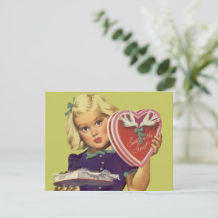 Vintage Cute Valentine's Day, Girl with Chocolates Holiday Card