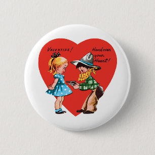 Vintage Cute Valentine's Day, Girl with Cowboy 2 Inch Round Button