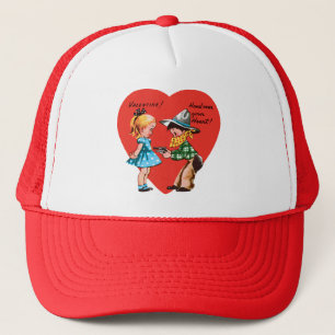 Vintage Cute Valentine's Day, Girl with Cowboy Trucker Hat