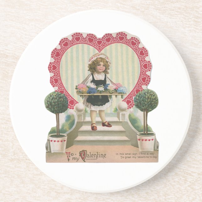 Vintage Cute Valentine's Day, Girl with Flowers Coaster (Front)