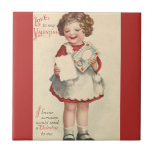 Vintage Cute Valentines Day, Girl with Love Letter Tile