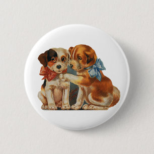 Vintage Cute Valentine's Puppy Love, Two Dog Mutts 2 Inch Round Button