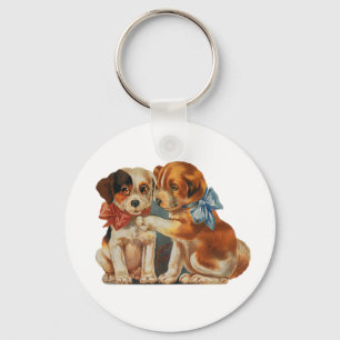 Vintage Cute Valentine's Puppy Love, Two Dog Mutts Keychain