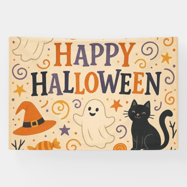 Vintage, cute whimsical Happy Halloween Banner (Horizontal)