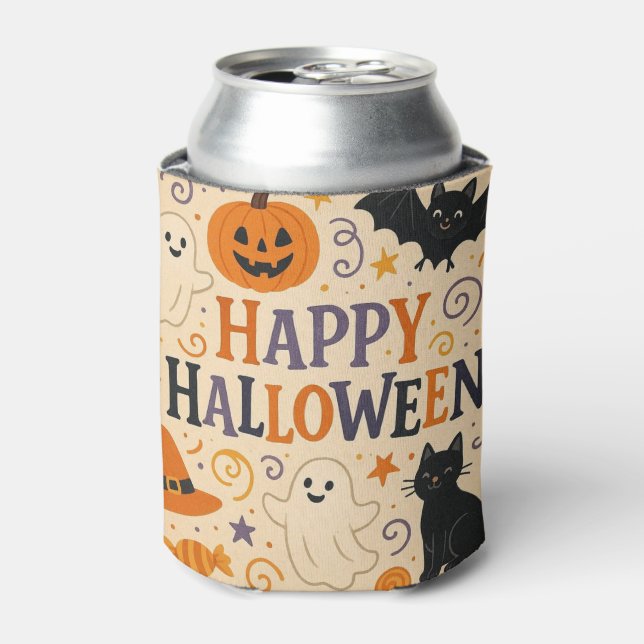 Vintage, cute whimsical Happy Halloween Can Cooler (Can Front)