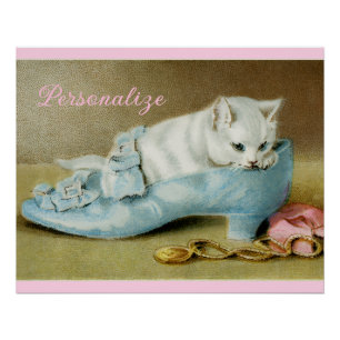 Vintage cute white kitten in a blue satin shoe poster