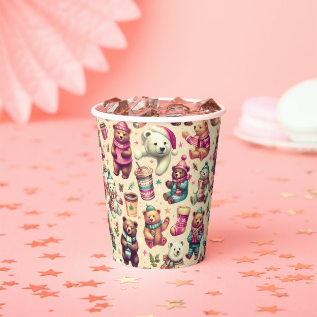 Vintage Cute Winter Teddy Bear Pattern Paper Cups (Insitu)