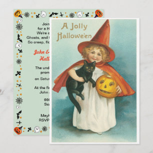 Vintage Cute Witch With Cat Halloween Invitation