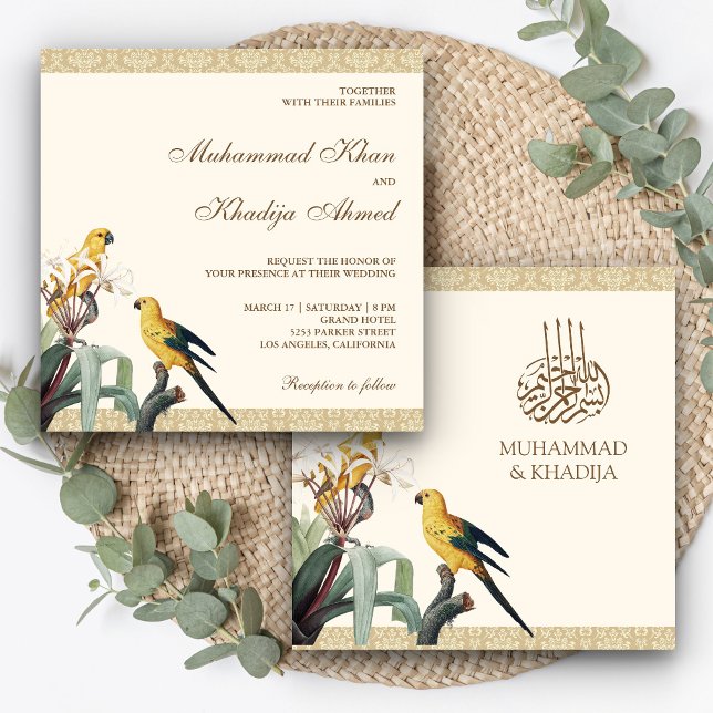 Vintage Cute Yellow Parrots Islamic Muslim Wedding Invitation (Creator Uploaded)