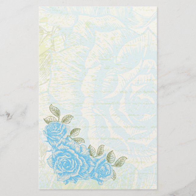 Vintage cyan blue roses floral custom stationery (Front)