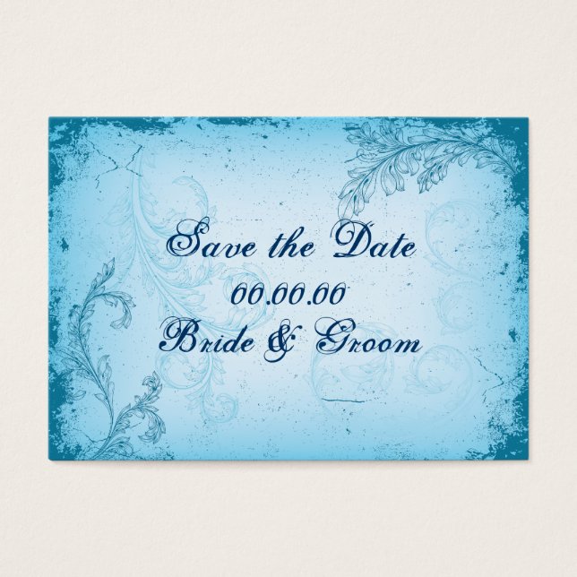Vintage cyan blue scroll leaf Save the Date (Front)