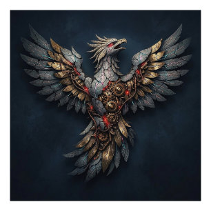 Vintage Cyber-Phoenix:Aged Gold & Neon Mythic Bird Photo Print