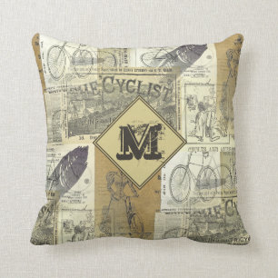 Vintage Cyclist and Bicycle Ads Collage Monogram Throw Pillow