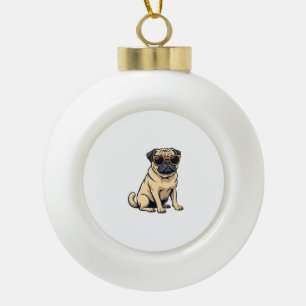 Vintage Dabbing Pug with Sunglasses Funny Dog Vect Ceramic Ball Christmas Ornament